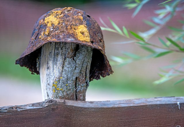 In Deutschland sind die »Hammer­skins« inzwischen verboten, in Frankreich noch nicht: Auf dem Gartenzaun vor dem Haus des bekannten Hammerskins Sven Krüger hängt ein rostiger Stahlhelm.