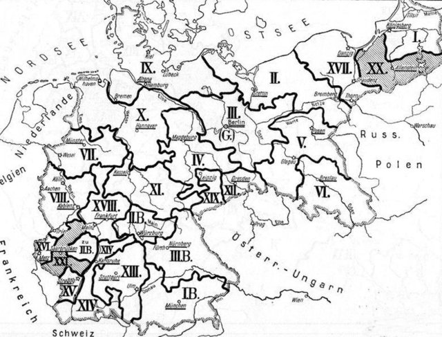 Der vaterländische Hilfsdienst orientiert sich an die Armeekorpsbezirke des Kaiserreiches.