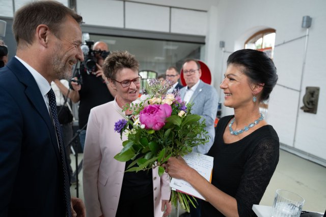 Parteigründerin Sahra Wagenknecht und das sächsische BSW-Führungsduo Sabine Zimmermann und Jörg Scheibe (von rechts)